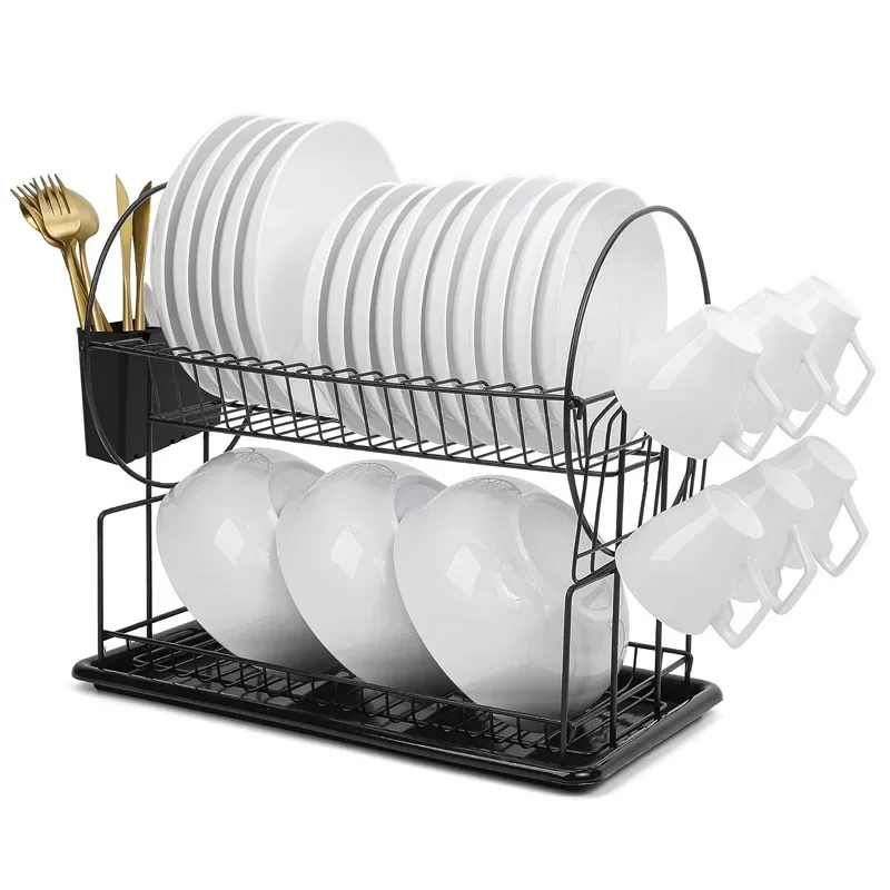 2 Layer Dish Drainer Rack with Drip Tray Chopsticks Utensils Holder Kitchen Organizer Tableware Drying Storage Shelf 23x36x42cm