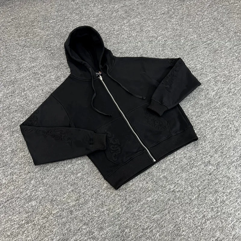 سترة صوفية بغطاء للرأس سوداء من القطن الخالص من Derschutze مطرزة بسحاب غربي كاجوال