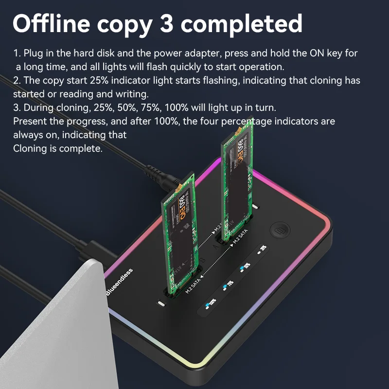 Blueendless offline clone Dual Protocol m.2 ssd case PCIe NVME Ssd Docking Station 2 bay M2 sd enclosure Type C 10Gbps RGB light