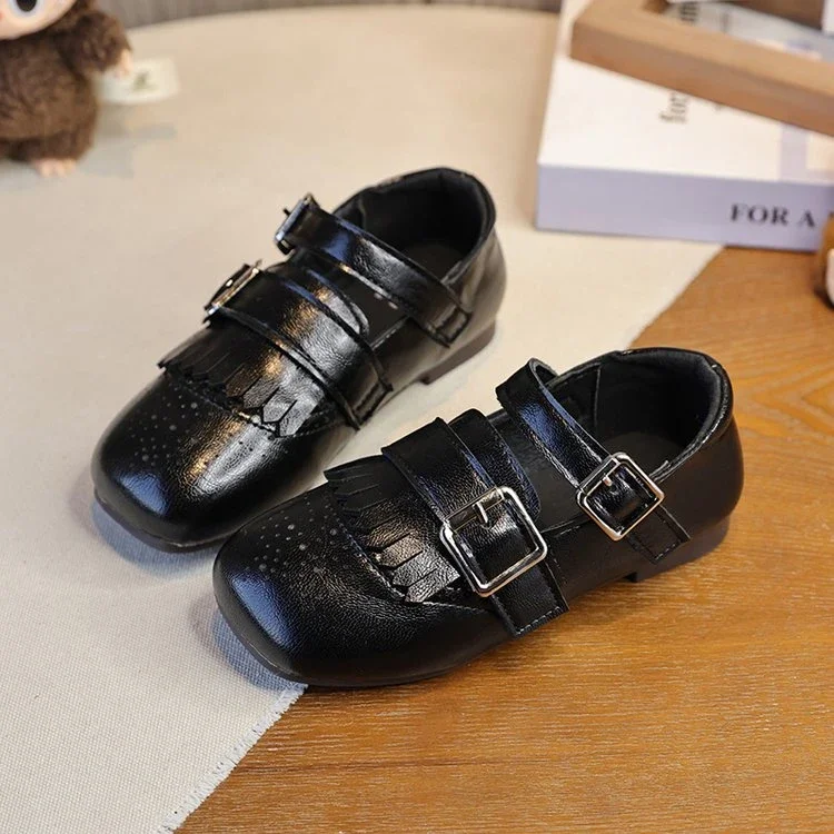 Unisex Kids Retro Fringe Brogue Dress Shoes, Double Metal Square Buckle Strap Soft‑Sole Casual Mary Jane Flat Shoes