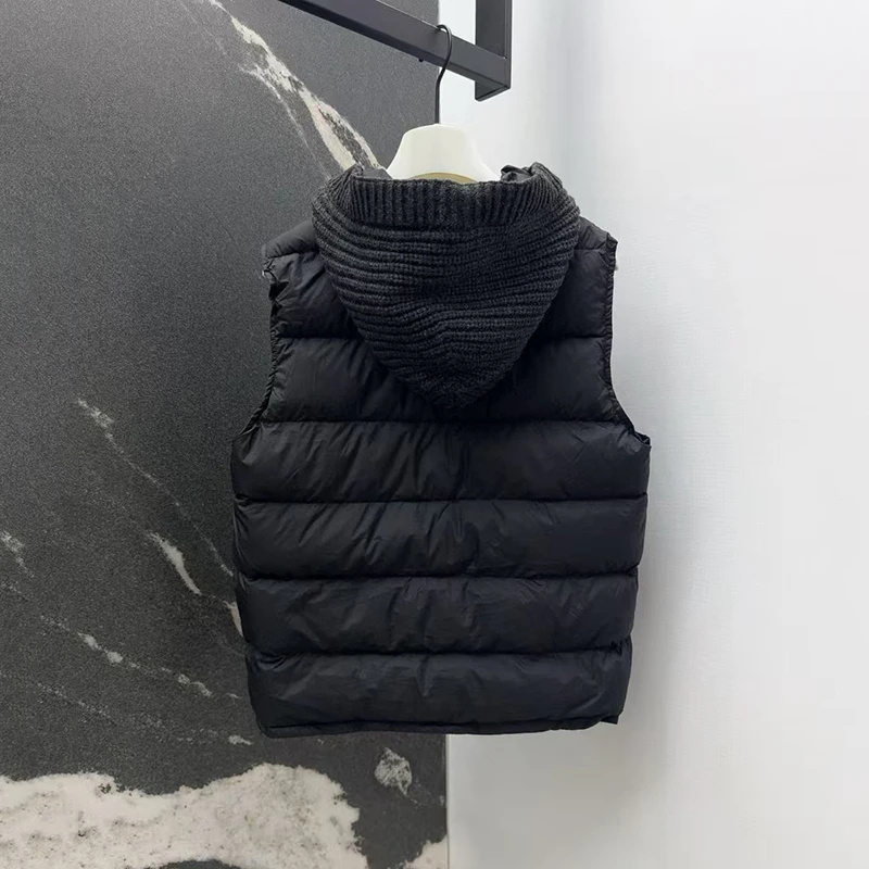 Ladies' wool patchwork hooded down vest, fashionable and versatile sleeveless jacket, high-quality warm top, autumn and winter,