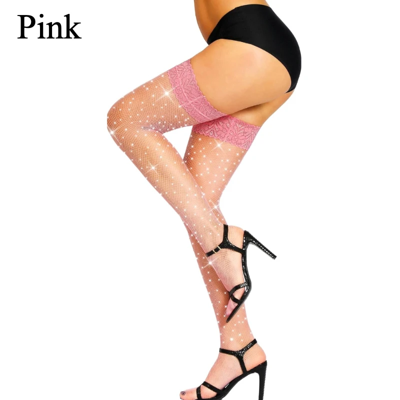 

Hot Sale Sparkly Stockings for Women Thigh High Stocking Pink Black White Fishnet Rhinestone Hosiery Club Party Sexy Stockings