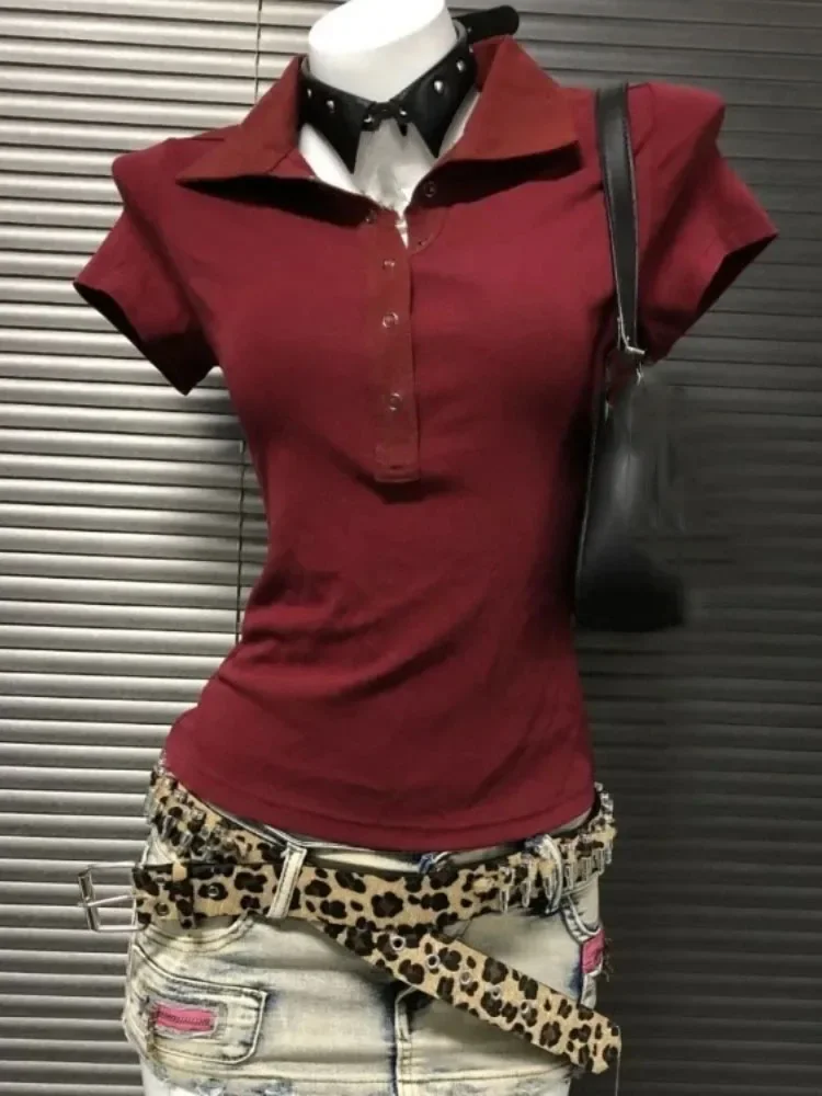 

Cotton Tshirts Women's Clothing Short Sleeve Slim Fit Camisetas Summer Tees 2025 Ropa Mujer Vintage Turndown Collar Chic T-shirt