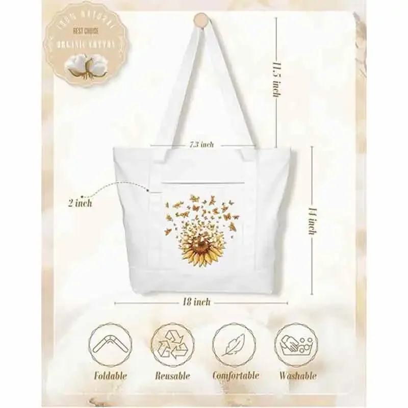 TW3 Large Canvas Tote Bag Zipper Closure - Outside Pocket Size 17.5''×14'' Aesthetic Boat Bag for Women Cotton