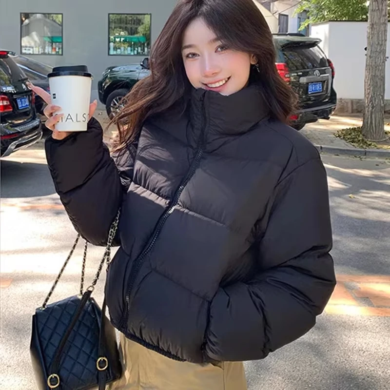 Chaqueta acolchada de algodón y pan de invierno para mujer, chaqueta acolchada minimalista con cremallera y cuello levantado Retro, versión coreana gruesa para niña