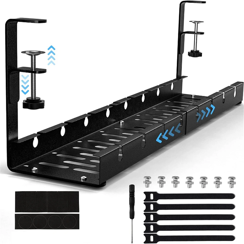 

No Drilling Extendable Under Desk Cable Management Metal Cable Tray Under Desk With Clamp Retractable Power Strip Cord Holder