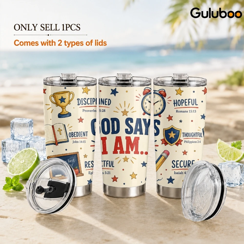God Says I Am Vacuum Flasks 20oz Stainless Steel Insulated Tumbler Double Wall Travel Mug with 2 Lids Straw Drink Cup