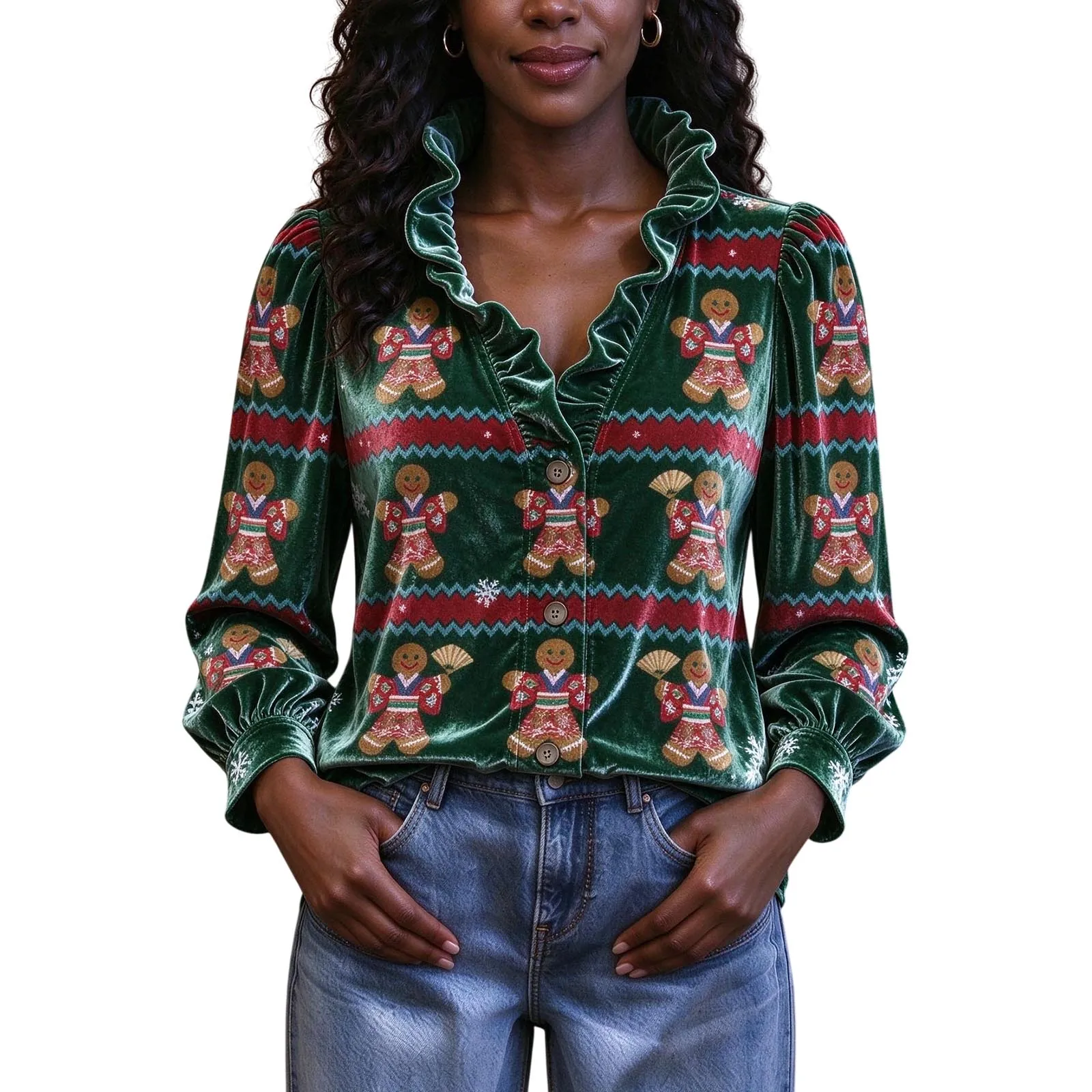 Gingerbread Man Printed Women's Ruffle V-neck Buttons Tops Christmas Style Velvet Long Sleeved Shirts