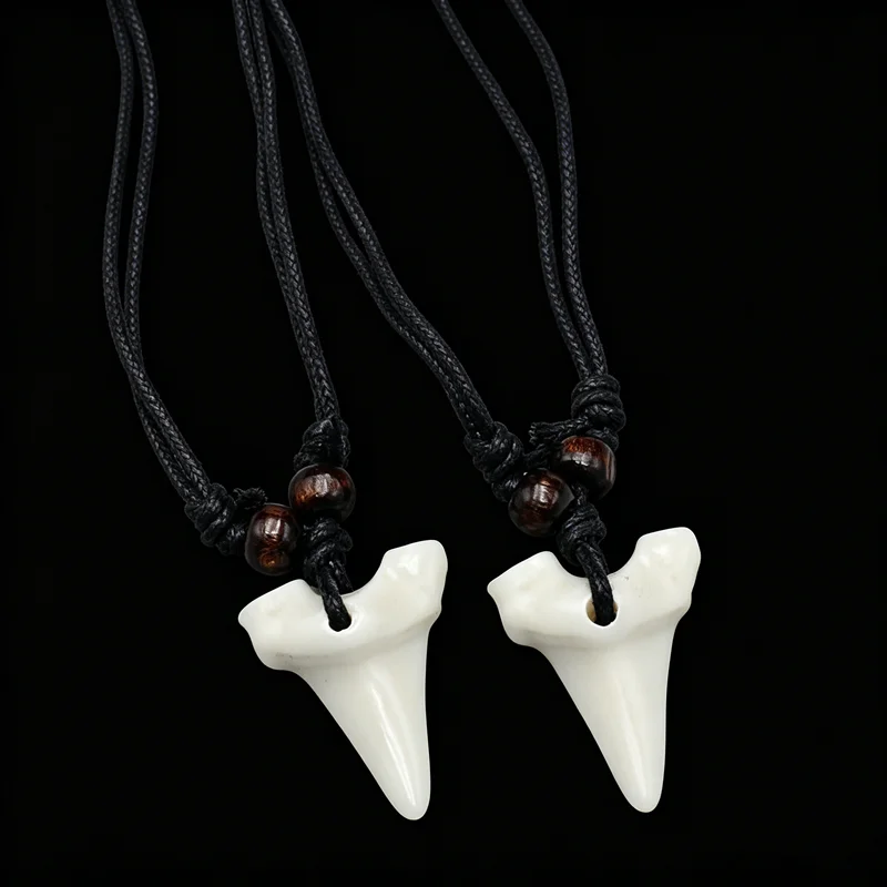 Shark Tooth Pendant Necklace - Resin Tribal Style with Adjustable Black Cord, Unisex Surfer Boho Jewelry