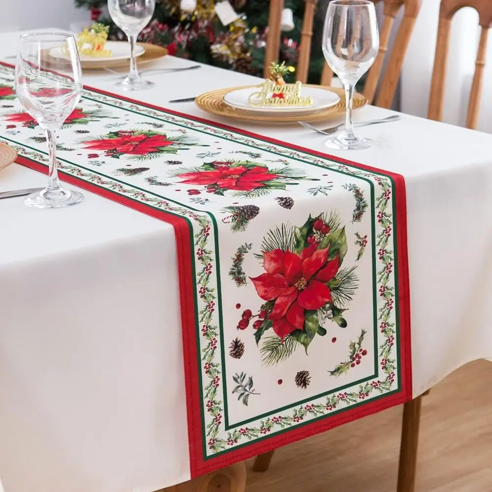 Poinsettia Flower Pattern Christmas Table Runner Linen Material Rectangular Shape Holiday Linen Runner Long Length