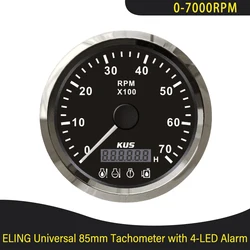 KUS Waterproof 85mm Tachometer 0-7000RPM with Hourmeter and 4-LED Alarm Red Backlight for 12VDC Ships Vehicles Universal