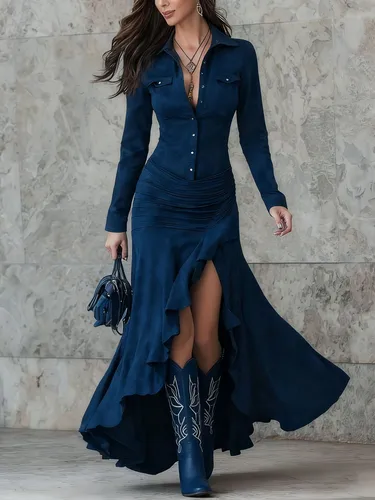 Imagen 2 del producto 2025 Otoño/Invierno Venta caliente vestido largo con abertura y cuello levantado con cremallera ajustada de gamuza europea y americana