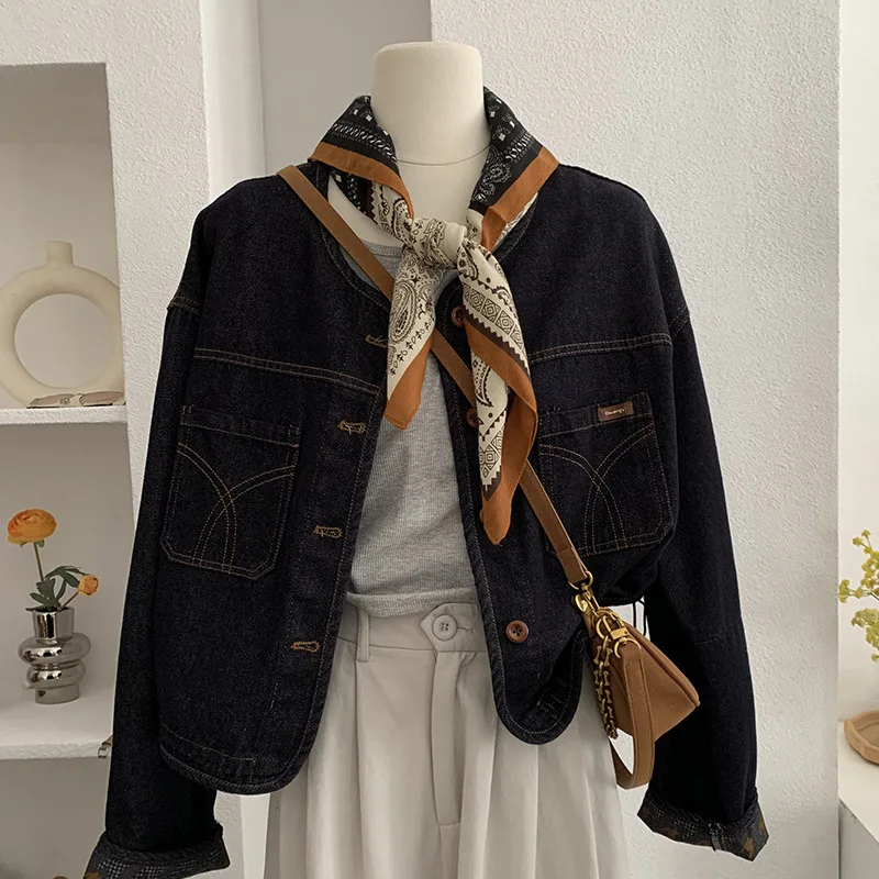 Envío de bufandas retro de un solo pecho, chaqueta vaquera con cuello redondo para mujer, otoño, primavera, nuevo modelo, tops de ocio, chaqueta Bomber Vintage