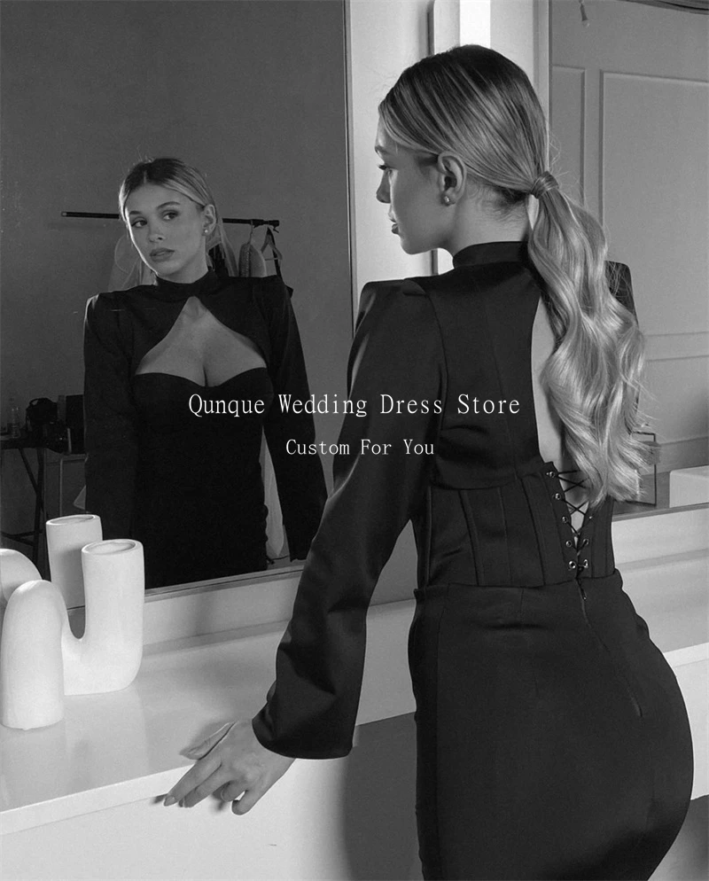 Qunque Elegant Black Arabia Prom Dresses Mermaid Long Sleeves Hollow Back Corset Split Customized Evening Dress Women Party Gown