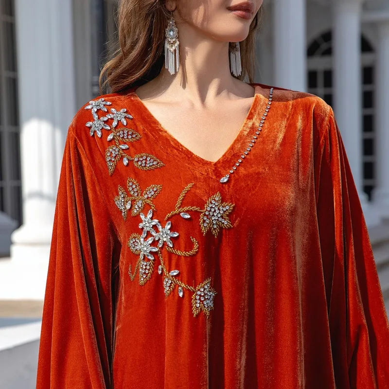 SuperAen Robe longue pour femme, nouvelle collection automne-hiver, en velours, avec motif diamants et fleurs, coupe ample trapèze