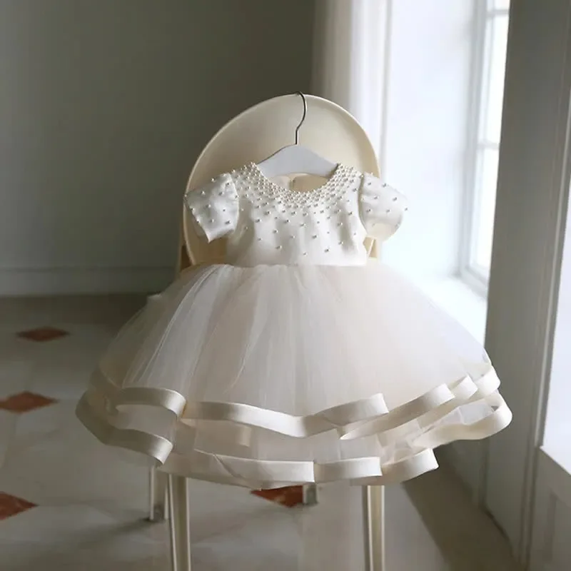 Luxurious Handmade Beaded Pearl Flower Girl Wedding Dress Satin Multi-layer Mesh Beauty Pageant Dress One-year-old Princess