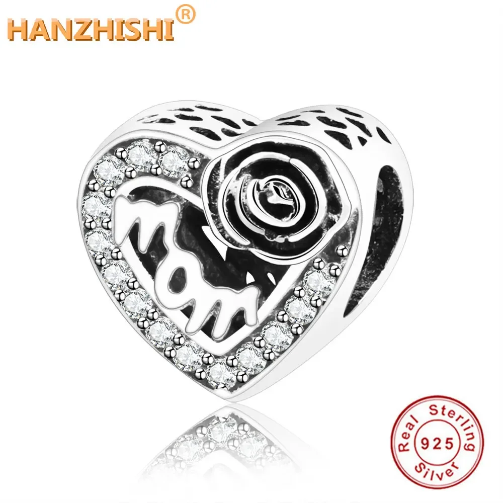 

Mother's Day Gift Authentic 925 Sterling Silver Mom Heart Flower Charm Beads Fit Original Bracelet Necklace DIY Jewelry Making