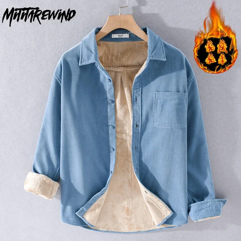 Winter Shirt Men Japanese Casual Thick Clothes Pure Cotton Pocket Lapel Collar Retro Corduroy Fleece Shirt Keep Warm Male Shirts