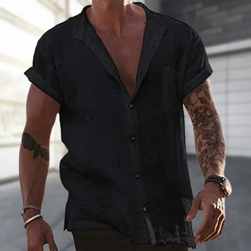 

2024 Spring Summer Leisure Mens Shirts Breathable Thin Cotton Linen Tops Men Short Sleeve Buttoned Stand Collar Shirt Cardigan