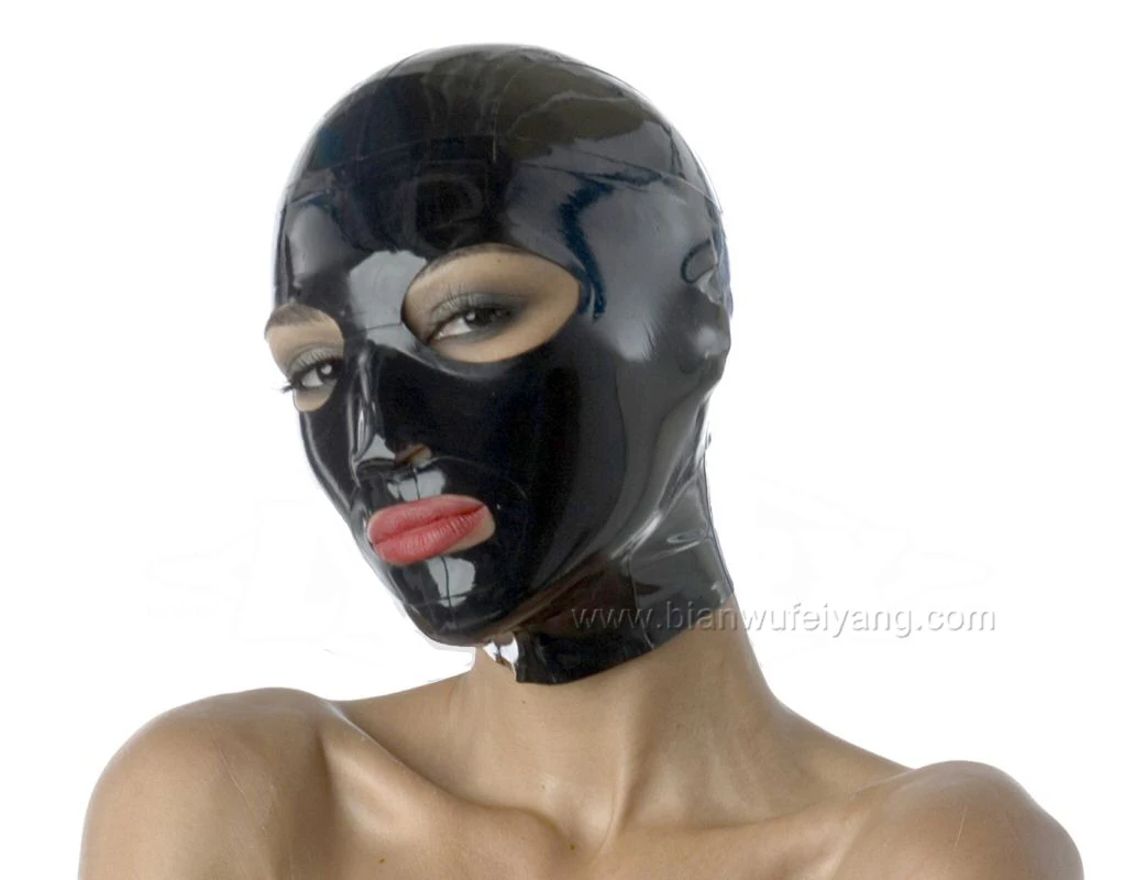 

Customize Latex hood pure natural latex men's and women's exposed mouth eye headband/tightly wrapped with black 0.4mm zipper