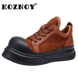 Koznoy 5.5cm Cow Suede Genuine Leather Ethnic Mary Jane Platform Wedge Lady Luxury Shoes Spring Round Toe Lace Up Shallow Women