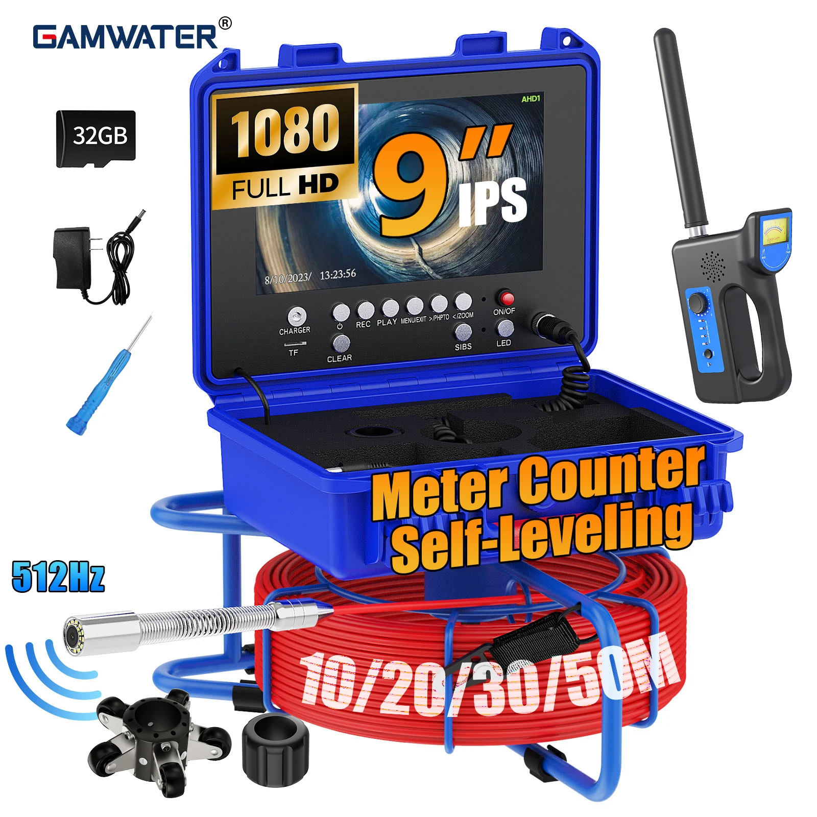 

Камера для осмотра канализации с функцией самовыравнивания 512 Гц - Камера для инспекции канализации с счетчиком метража, HD-эндоскоп с аккумулятором 4500 мАч