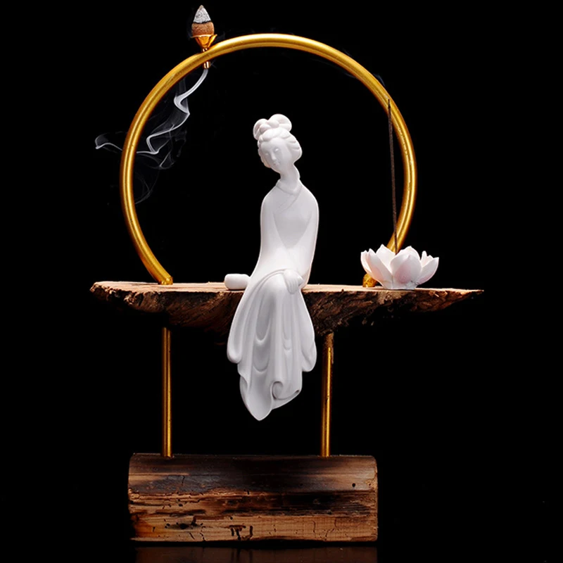 Zen-Style Weathered Wood Backflow Incense Ornament For Home Living Room, Creative Ceramic Beauty And Lady Decoration