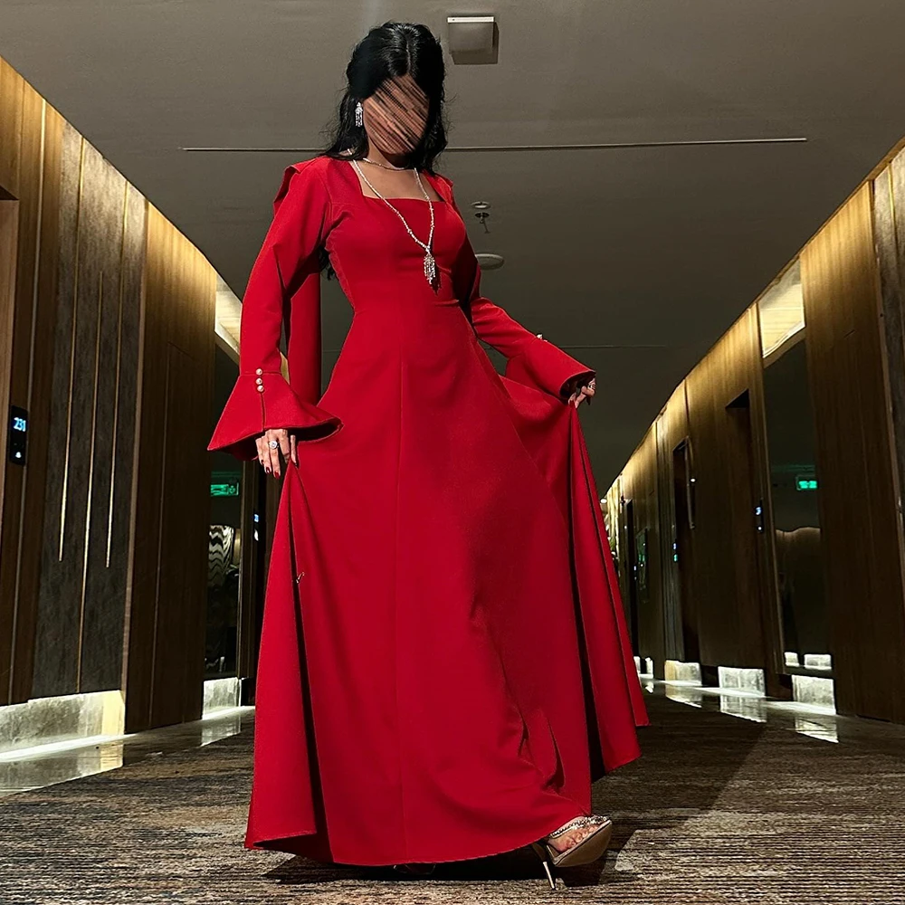 Formal Red A-line Evening Dress with Watteau Train Square Collar Jersey Prom Gowns Long Sleeves Square Neckline Celebrity Dress