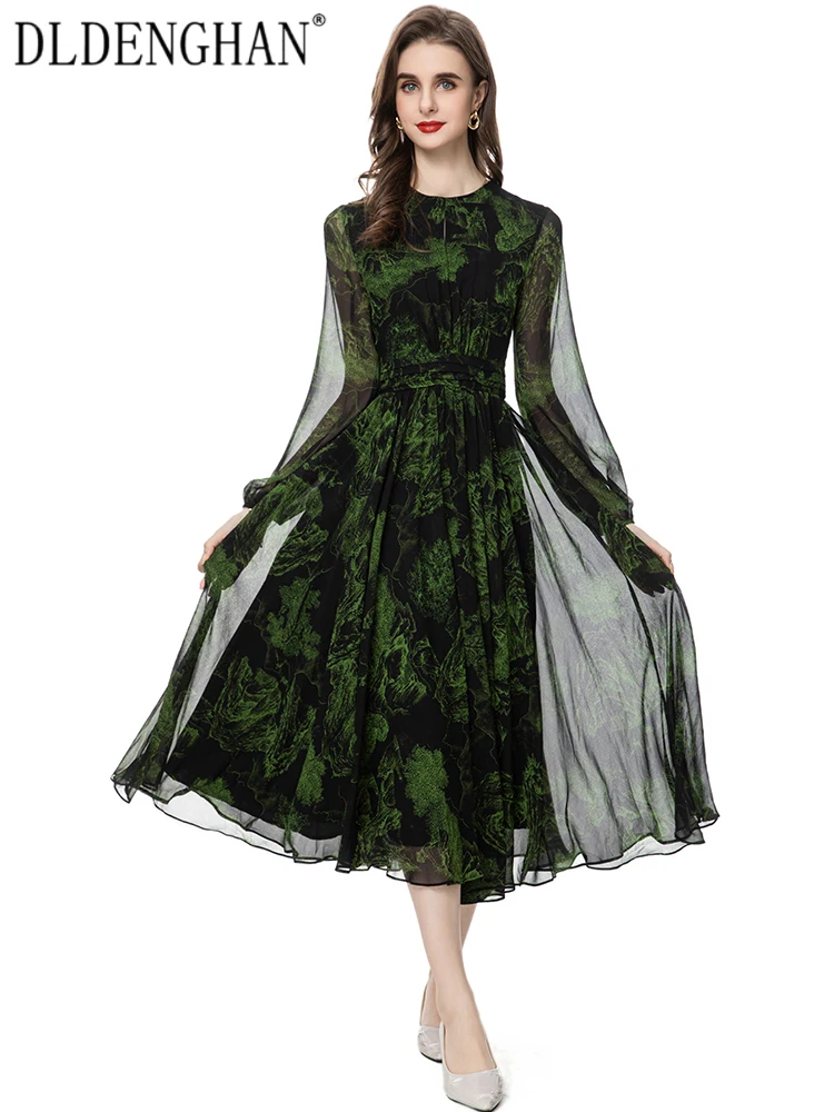 

DLDENGHAN Spring Summer Vintage Dress Women O-Neck Lantern Sleeve Folds Chinese Style Print Dresses Fashion Designer New