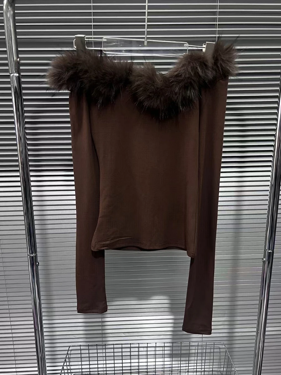 VGH Temperamnet T Shirts For Women Diagonal Collar Long Sleeve Off One Shoulder Spliced Fur Sexy Knited T Shirts Female Clothes