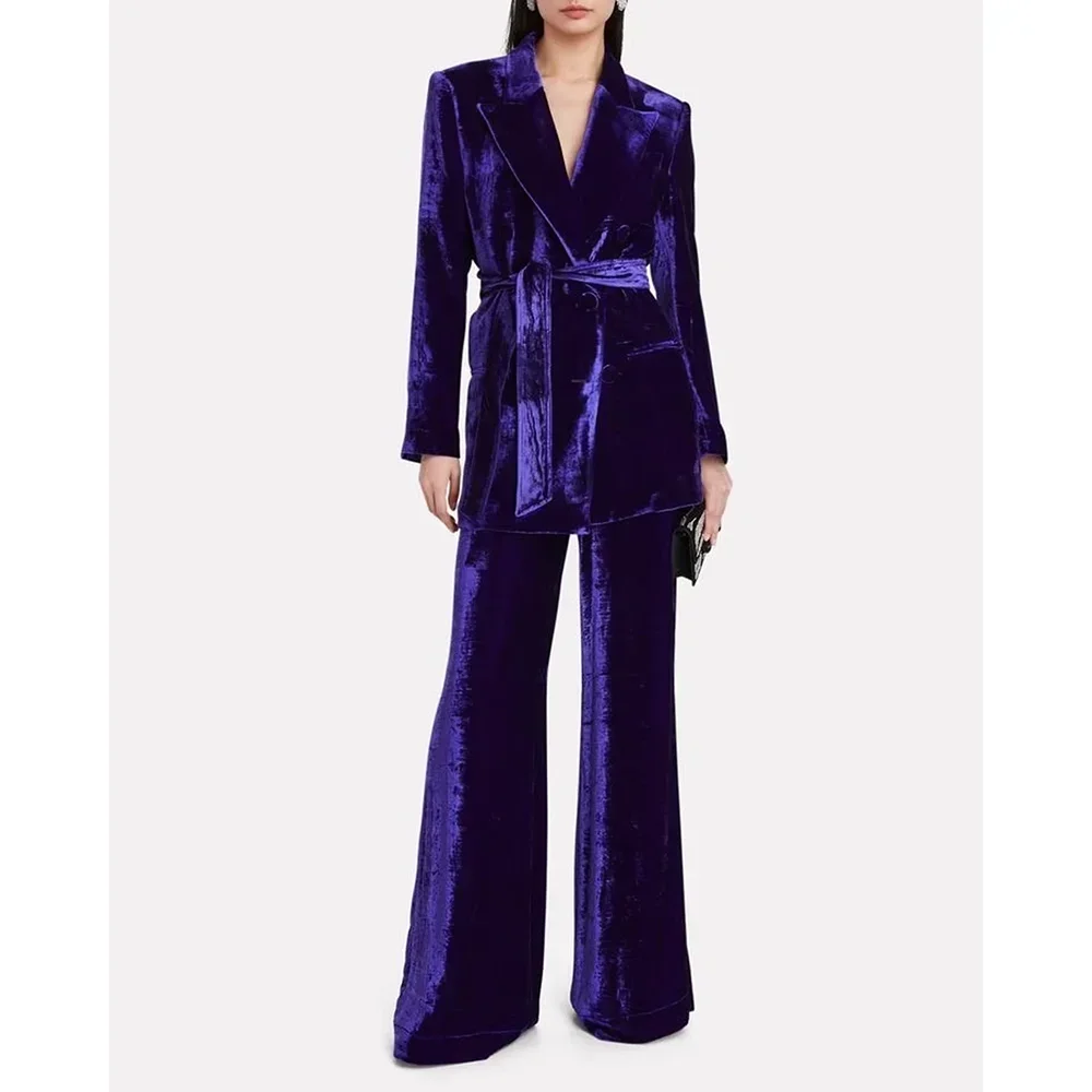Бархатные женские костюмы с поясом. Высококачественный однобортный фиолетовый костюм с пиковыми лацканами. Модные формальные повседневные офисные брюки.