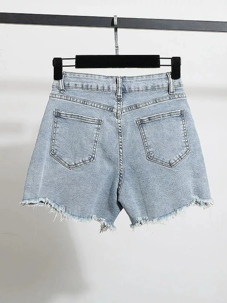 Denim Shorts Summer New High Waist Slimming Raw Hem For Women Elegant Fashion Heavy Beading Bowknot Stretch Soft Hot Pants