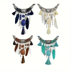 Vintage Ethnic Chic Turquoise Feather Pendant Necklace for Women Indian Tribe Bohemian Rope Necklaces Jewelry Party Accessories