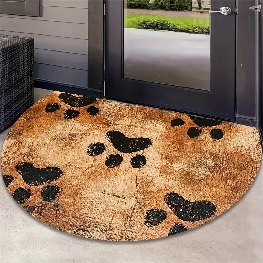 Distressed Vintage Dog Paw Print Graphic Semicircular Doormat Entry Pet Lover Rug Anti Slip Floor Mat For Puppy Family Household