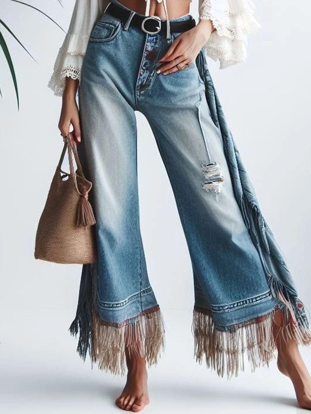 High Quality American Vintage Clothes Raw Edge Design Flared Jeans For Women Patchwork Tassel Ripped Washed Denim Y2k Pants