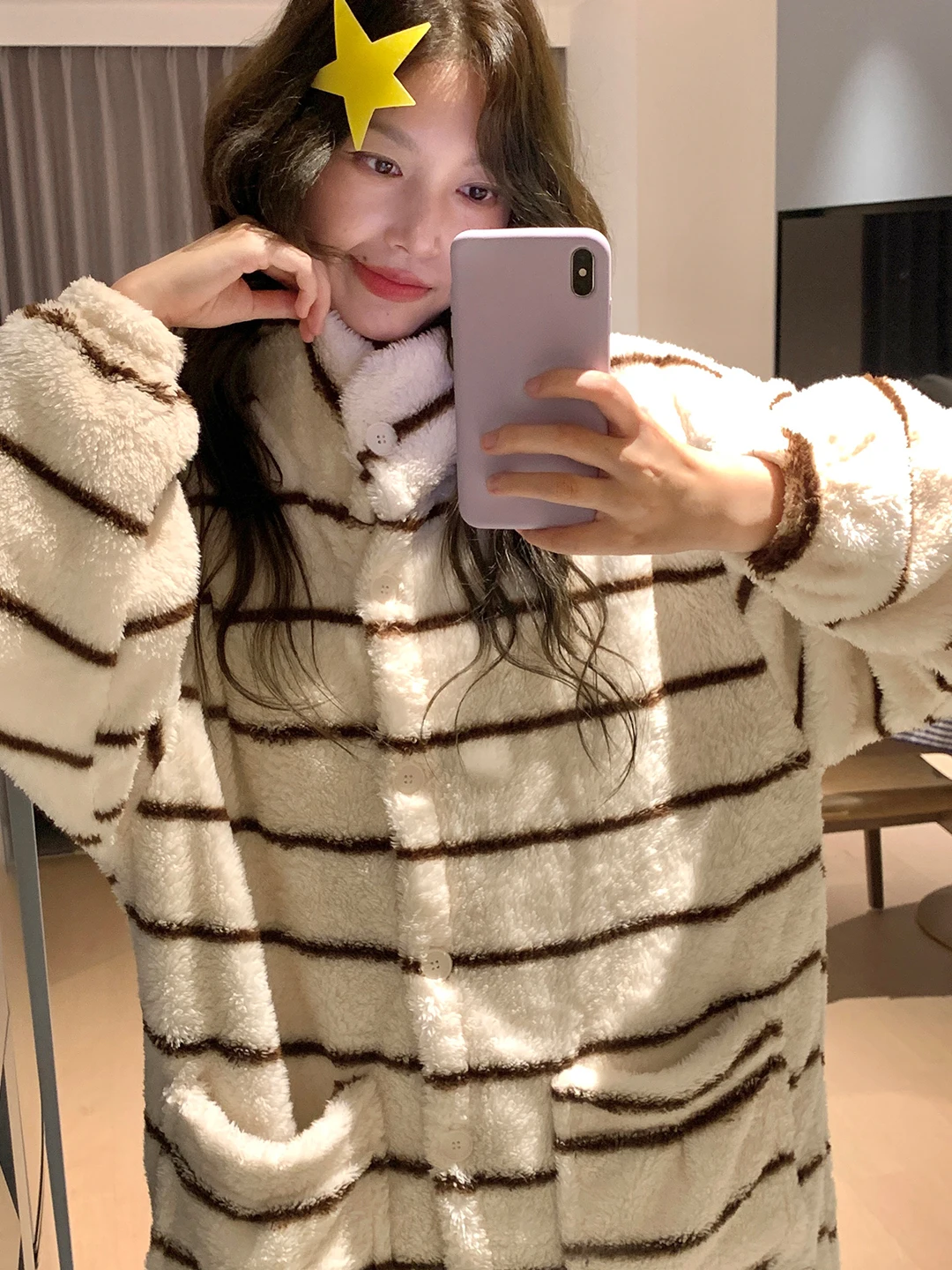 Thickened Extended Coral Fleece Robe High Collar Open Cardigan Flannel Sleepwear Women Simple Striped Can Be Worn Outdoor Hom...