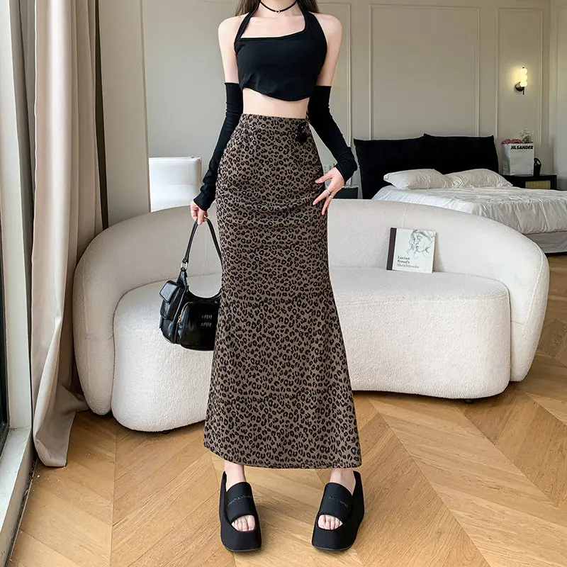 Harajuku Retro Leopard Coffee Bodycon Mermaid Skirt Women Spring Hotsweet High Waist Midi Skirt Niche Unique Office Commut Skirt