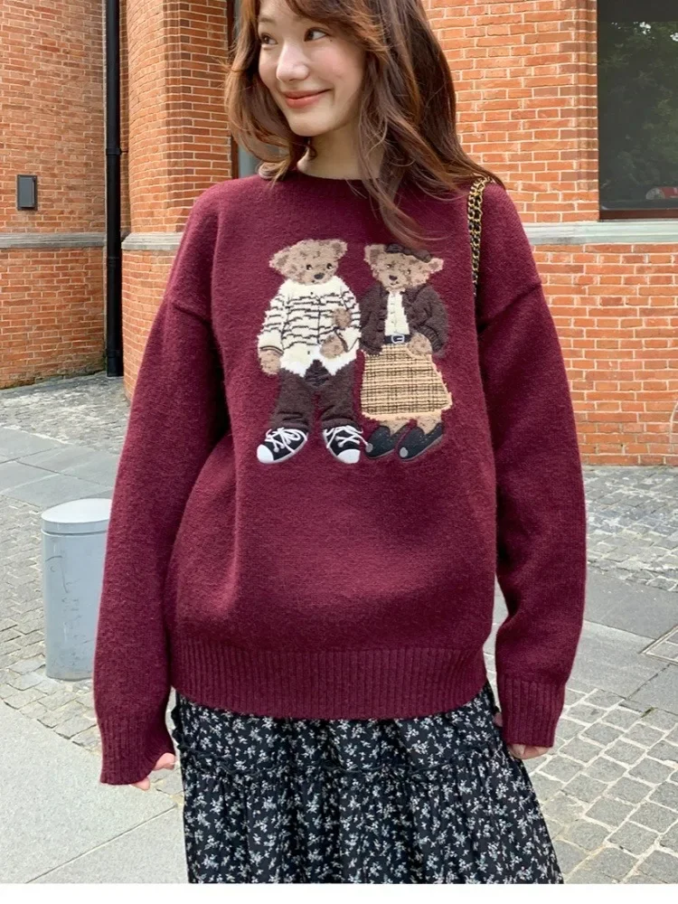 Hohe Qualität Stickerei POLO Neck Pullover Koreanische Süße Nette Bär Cartoon Jumper Pullover Winter Mode Frauen Lose Beiläufige Tops