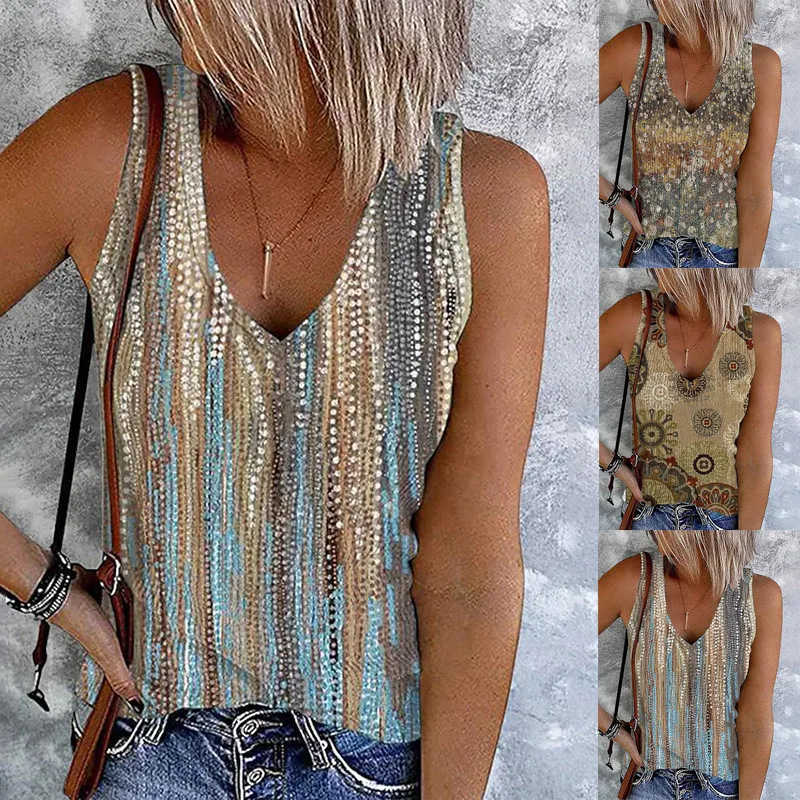 2024 Summer New Casual Slimming Women's T-shirt V-neck Sleeveless Printed Vest
