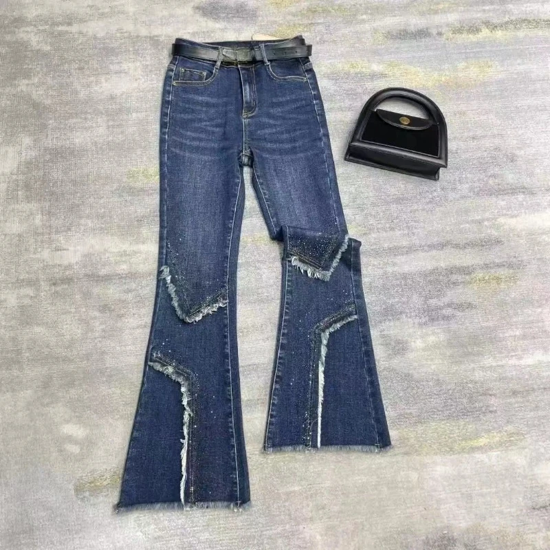 

2025 Spring Fall Women Fashion Ripped Tassel Bling Bling Glitters Denim Flare Trousers , Woman Patchwork Slim Jeans Pants