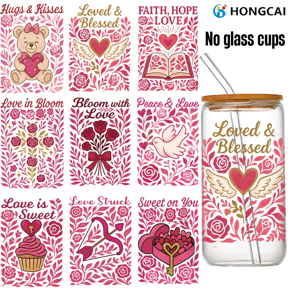 3 Valentine's Day Heart-Shaped UV DTF Stickers, Wash-Resistant, Perfect for Decorating 16-Ounce Glass Tumblers and Mugs