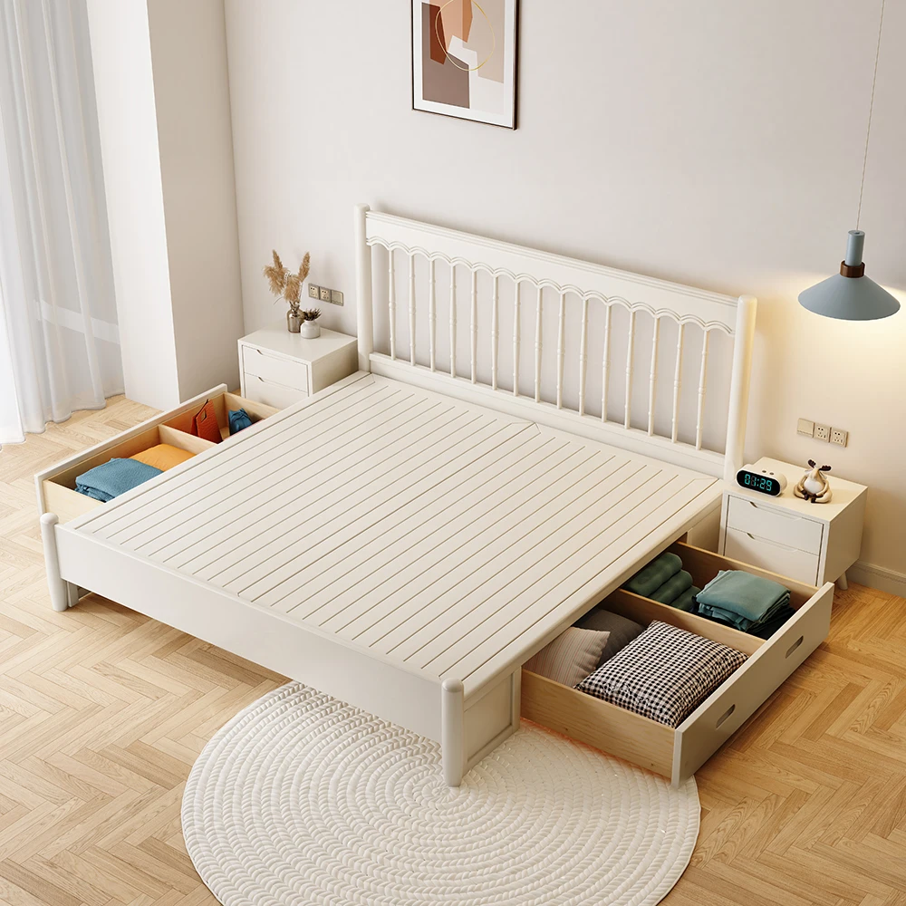 Nordic full solid wood bed white modern simple King and queen double cream color princess bed