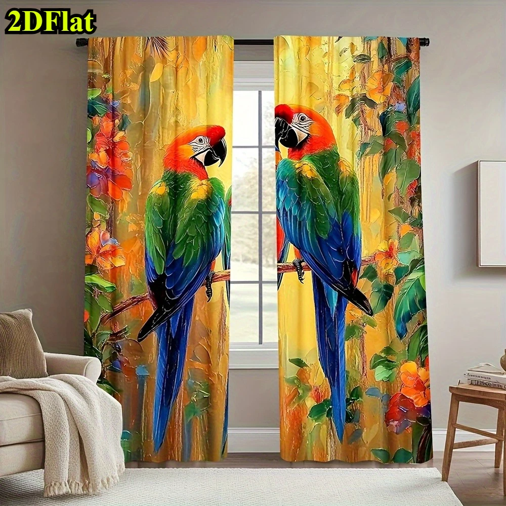 2pcs Parrot Tropical Bird Blackout Curtains Colorful Oil Painting Style Window Drapes for Living Room Nature Decor 2 Panel Set