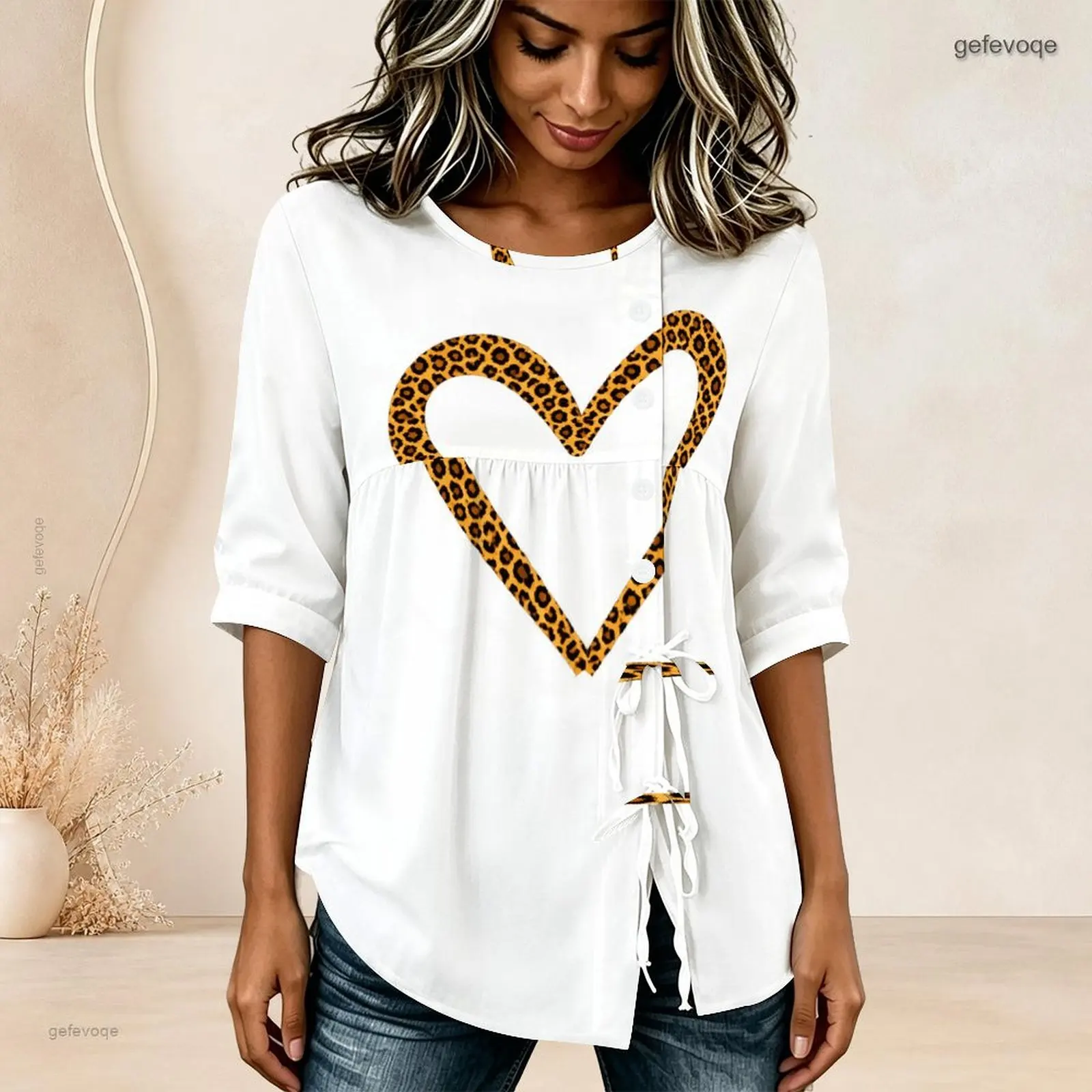 Printed Blouse for Women Round Neck Half Sleeve Gathered Front Button Detail Tie Hem
