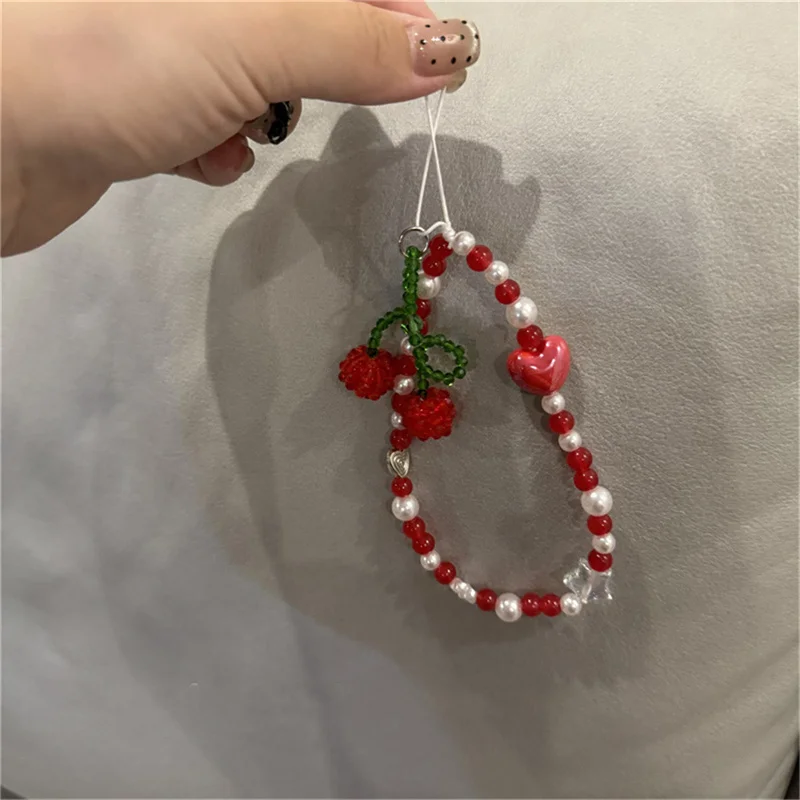 Korea Cherry Fruit Cute Pendant Phone Bracelet Strap Charm Chain Knot Cellphone Lanyard Keychain Bag Camera Lanyard For Airpods