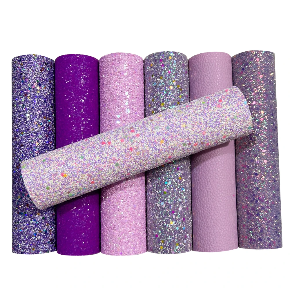 QIBU 50x120cm Wholesale Chunky Glitter Fabric Purple Synthetic Leather Rolls DIY Hairbow Accessories Crafts Materials Decoration