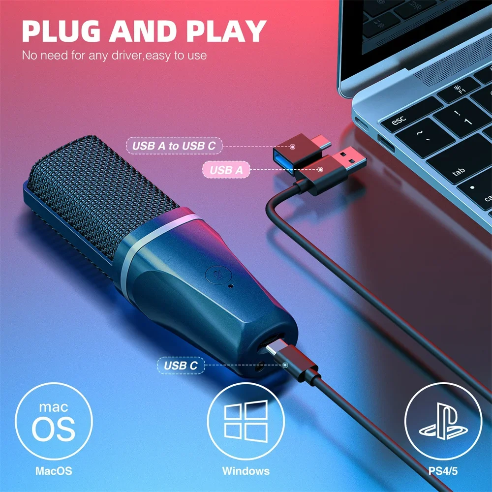 Microfone USB de transmissão 2025 Pro com botão de mudo rápido e batimento cardíaco Rgb - padrão cardióide e 24 bits/96 Khz para esportes