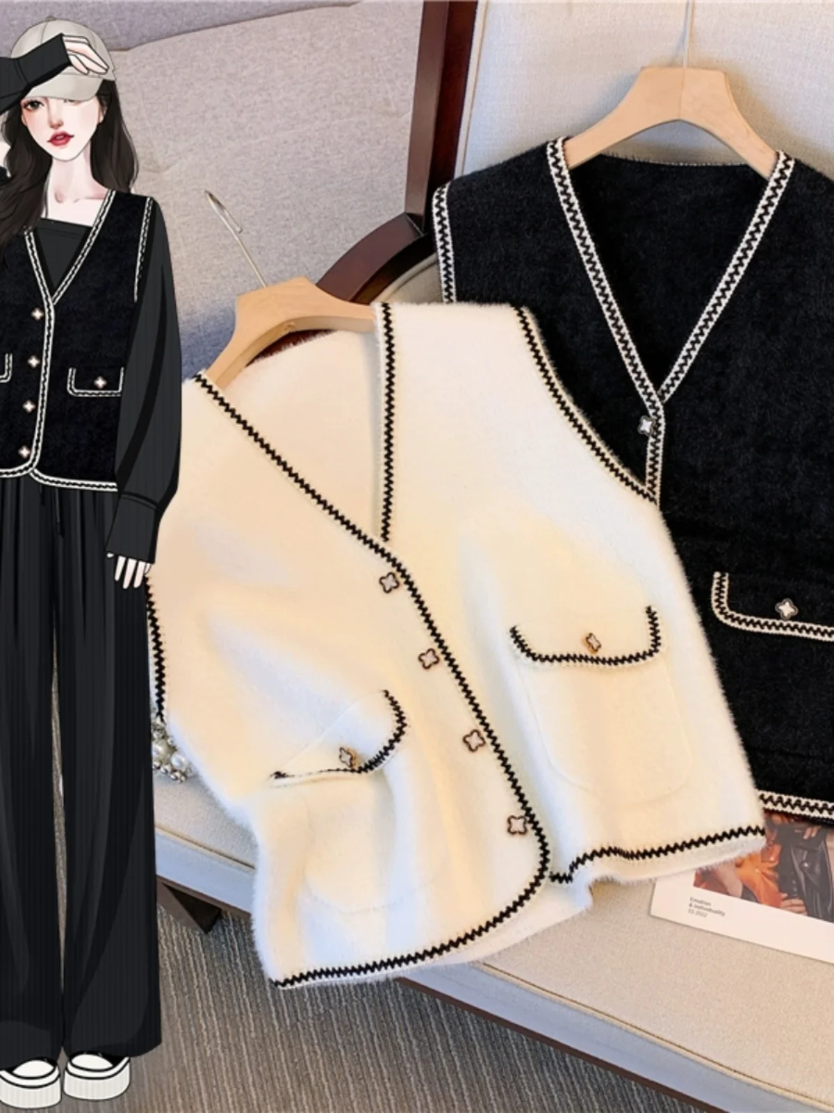 V-Neck Knitted Sweater Vest Women plus Size Faux Fur Jacket Outerwear Slimming Style Korean Fashion Regular Fit Cardigan