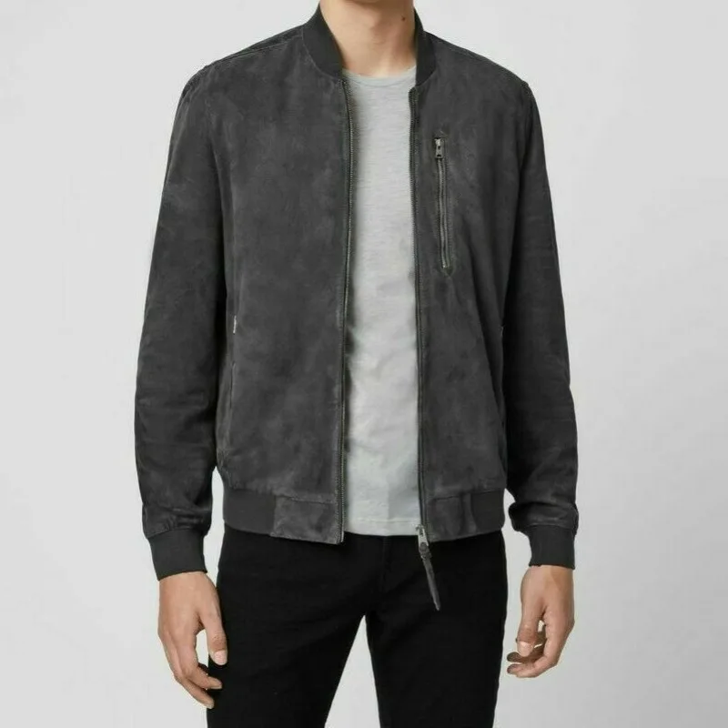 

Biker Jacket Men Genuine Lambskin Suede Leather Ribbed Bomber Grey Jacket