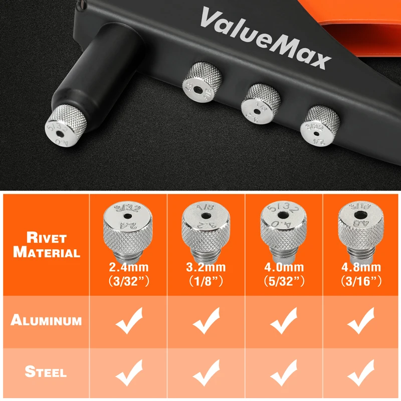 ValueMax-Manual Profissional Rivet Gun Set, Hand Riveter Tool, Reparação Em Casa e DIY com 200 Rebites, 2.4mm, 3.2mm, 4.0mm, 4.8mm